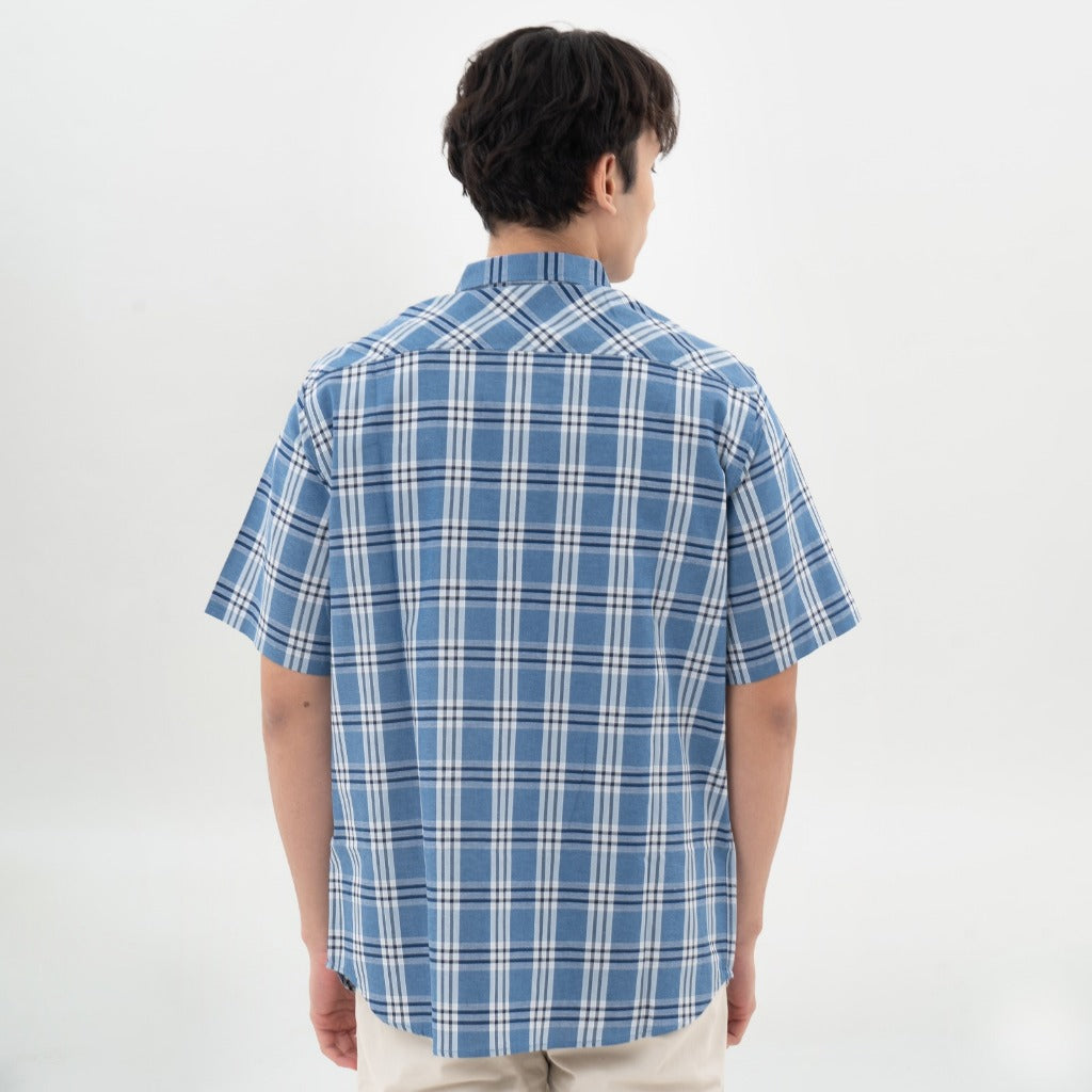 M231 Kemeja Pria Yarn Dyed Kotak Pendek Biru 0668