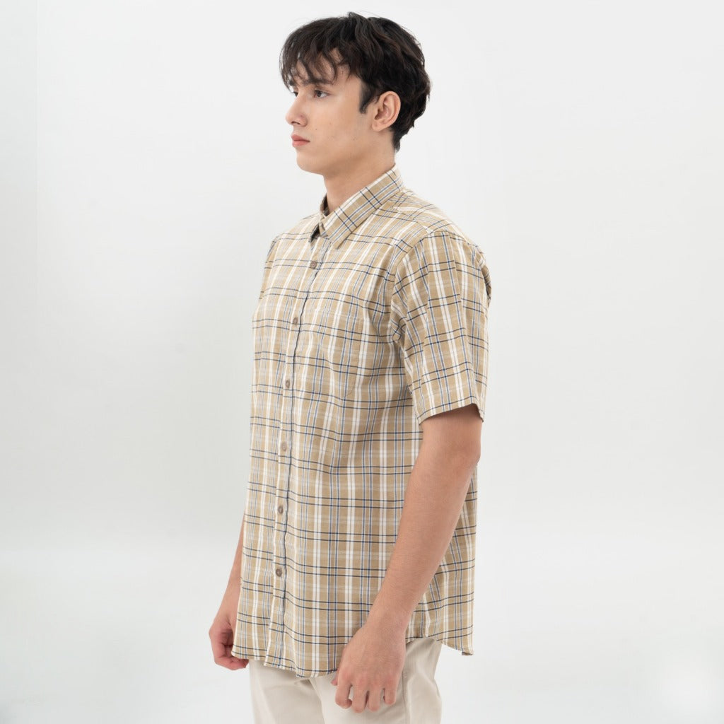 M231 Kemeja Pria Yarn Dyed Kotak Pendek Cream 0672