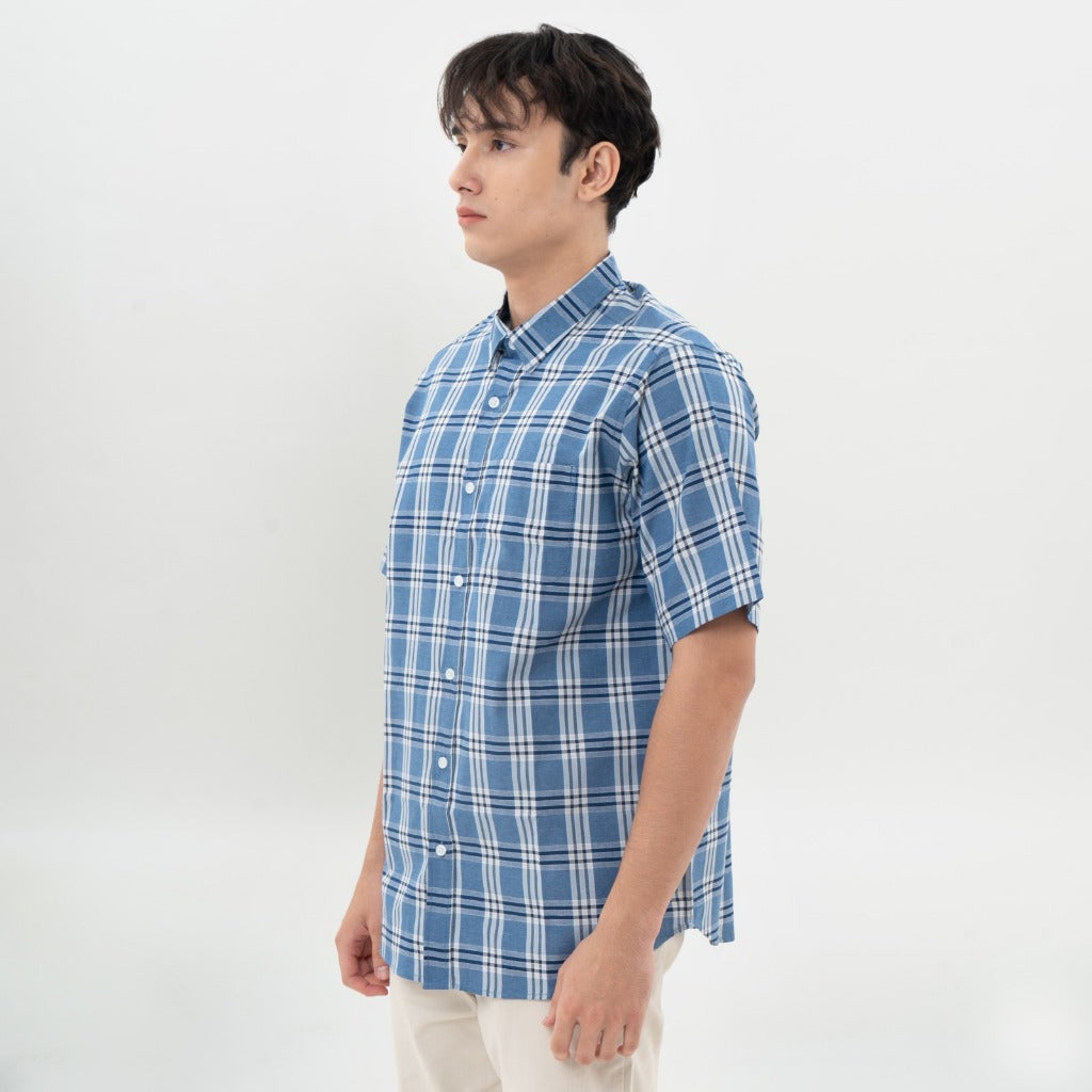 M231 Kemeja Pria Yarn Dyed Kotak Pendek Biru 0668