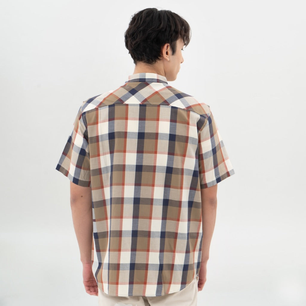 M231 Kemeja Pria Yarn Dyed Kotak Pendek Cream 0674