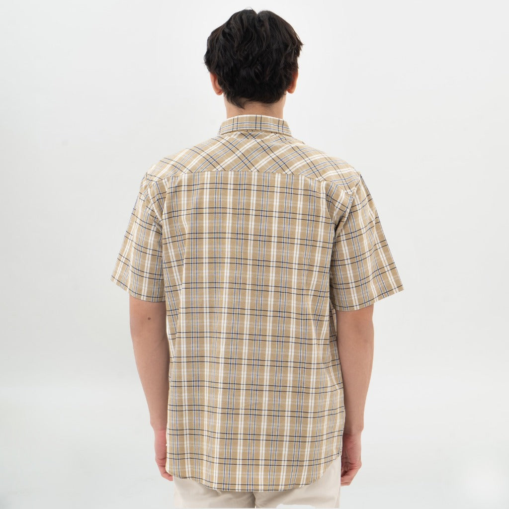 M231 Kemeja Pria Yarn Dyed Kotak Pendek Cream 0672