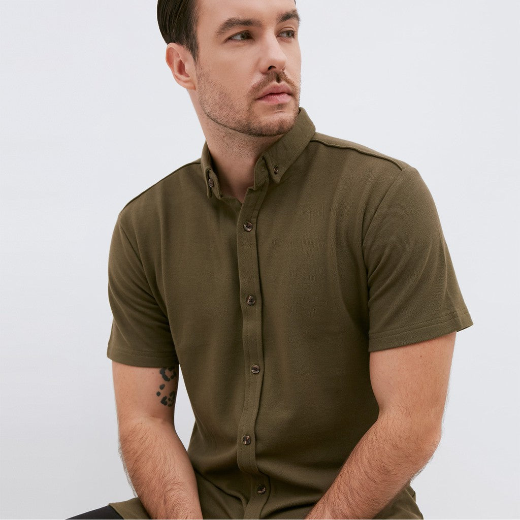 M231 Kemeja Pria Cotton Pique Pendek Warna Army 1793F