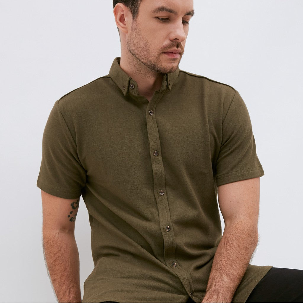 M231 Kemeja Pria Cotton Pique Pendek Warna Army 1793F