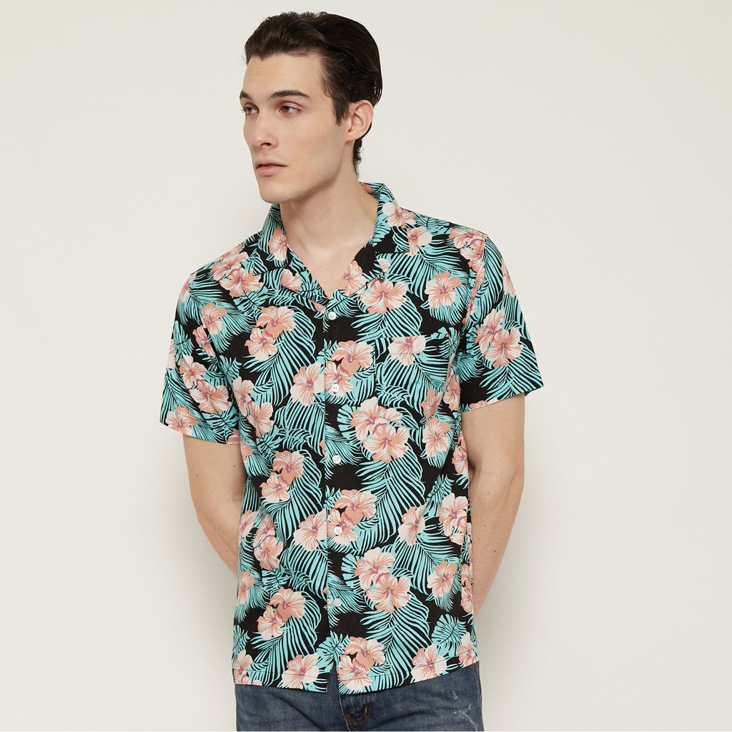 M231 Kemeja Pria Printing Hawaii Pendek Warna Hitam Tosca 0548B