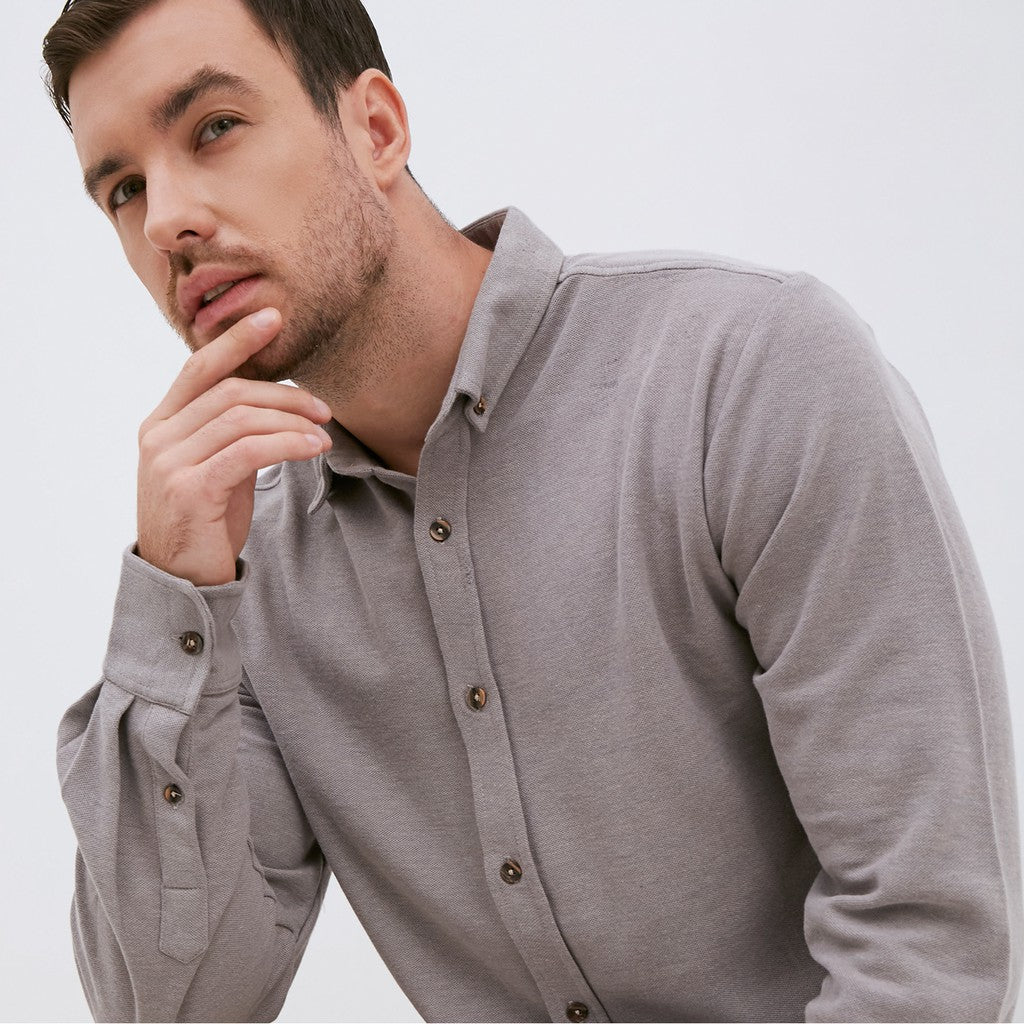 M231 Kemeja Pria Cotton Pique Panjang Warna Abu 1792E