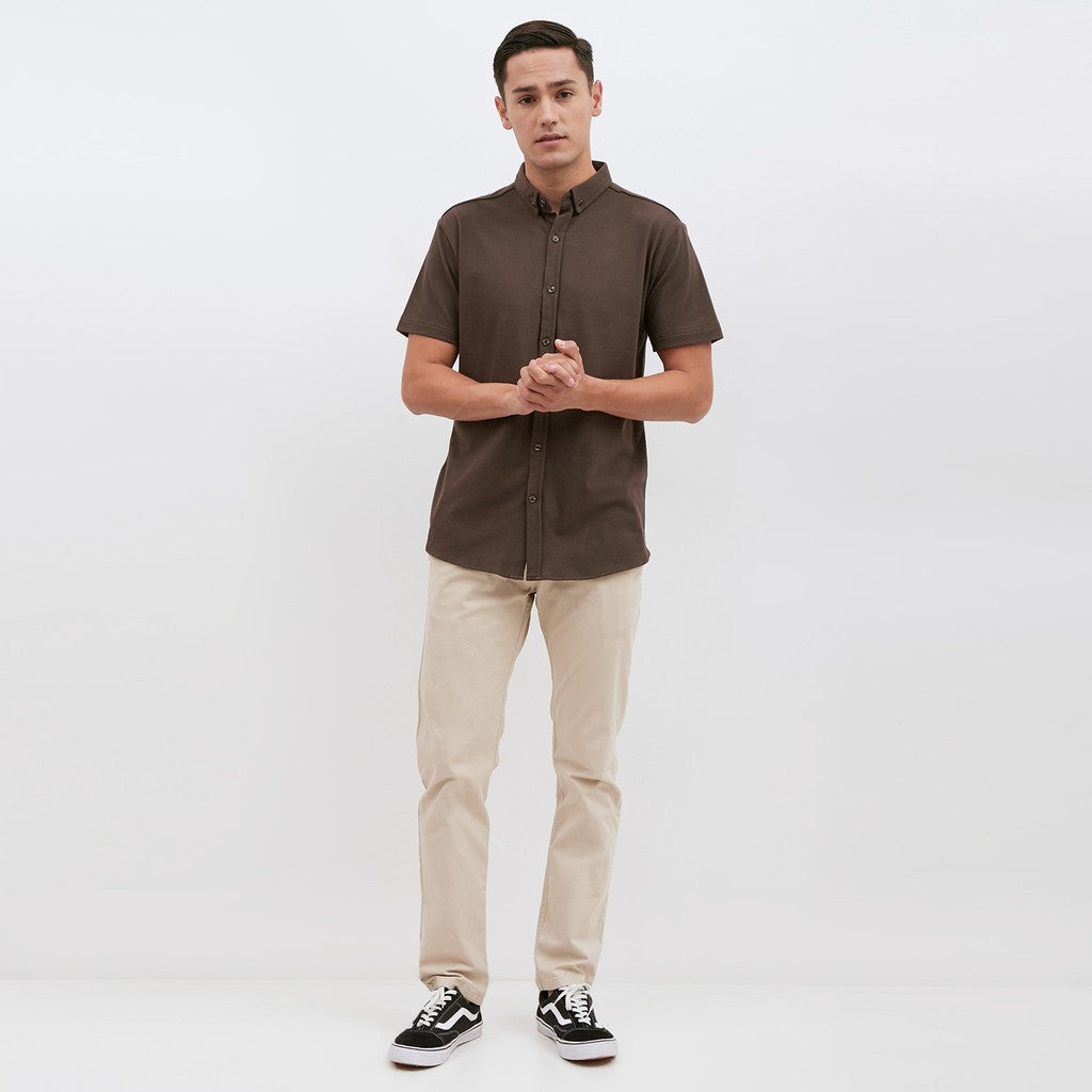 M231 Kemeja Pria Cotton Pique Pendek Warna Coklat 1793G