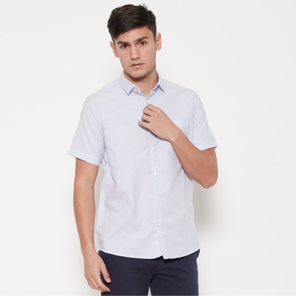 M231 Kemeja Pria Basic Polos Oxford Pendek Warna Biru 1457J