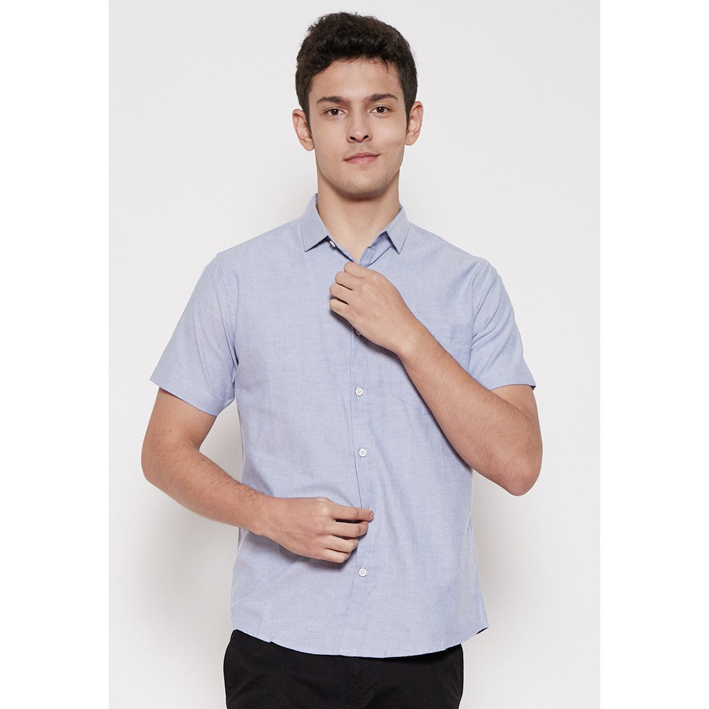 M231 Kemeja Pria Basic Polos Oxford Pendek Warna Biru 1457I