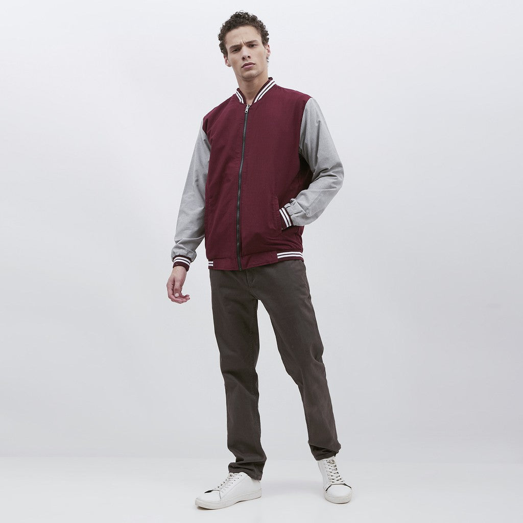 M231 Jaket Pria Bomber Oxford Panjang Warna Maroon 1801A