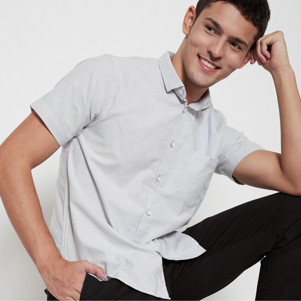 M231 Kemeja Pria Basic Polos Oxford Pendek Warna Abu 1457M