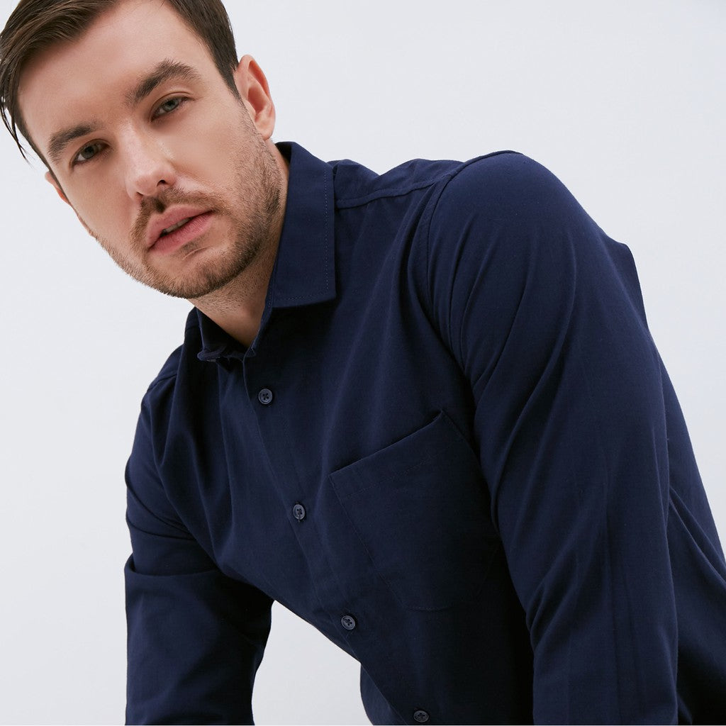 M231 Kemeja Pria Basic Polos Oxford Panjang Warna Navy 1456H
