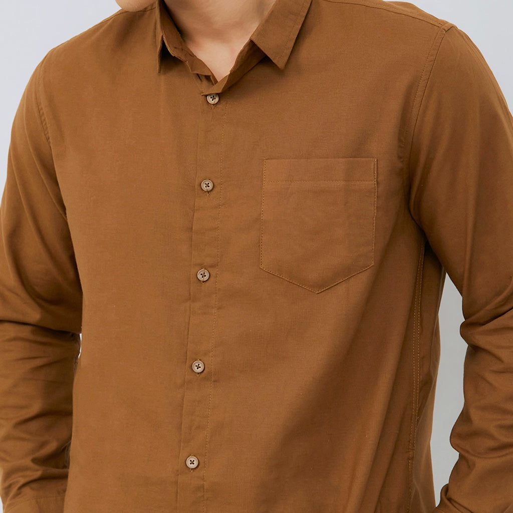M231 Kemeja Pria Basic Polos Oxford Panjang Coklat 1456R
