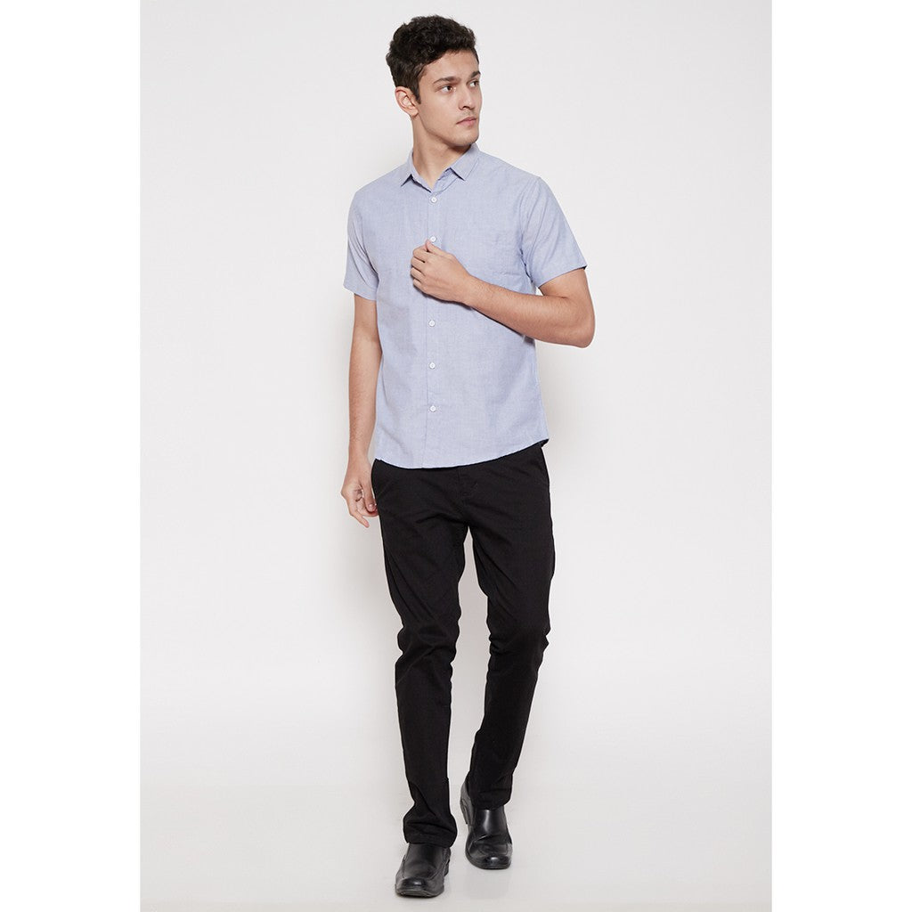 M231 Kemeja Pria Basic Polos Oxford Pendek Warna Biru 1457I