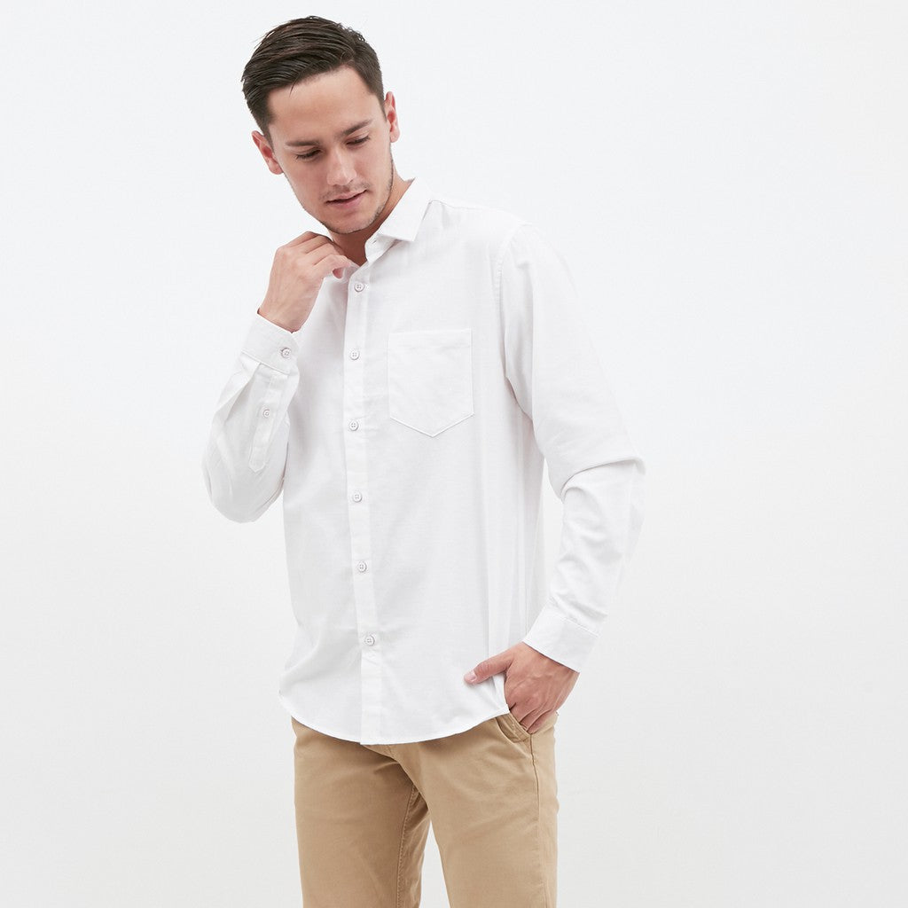 M231 Kemeja Pria Basic Polos Oxford Panjang Warna Putih 1456E