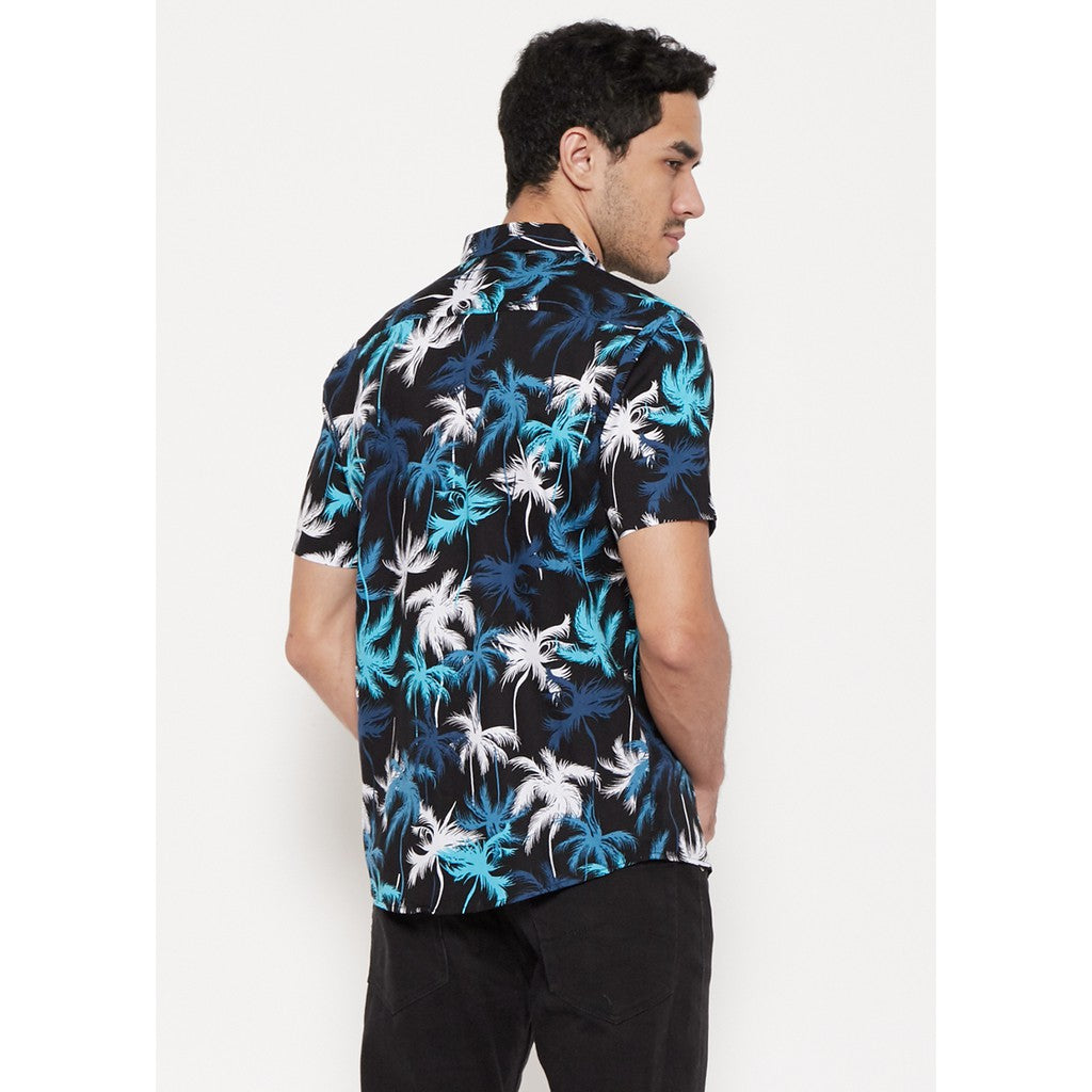M231 Kemeja Pria Printing Pendek Warna Hitam Biru 1139B