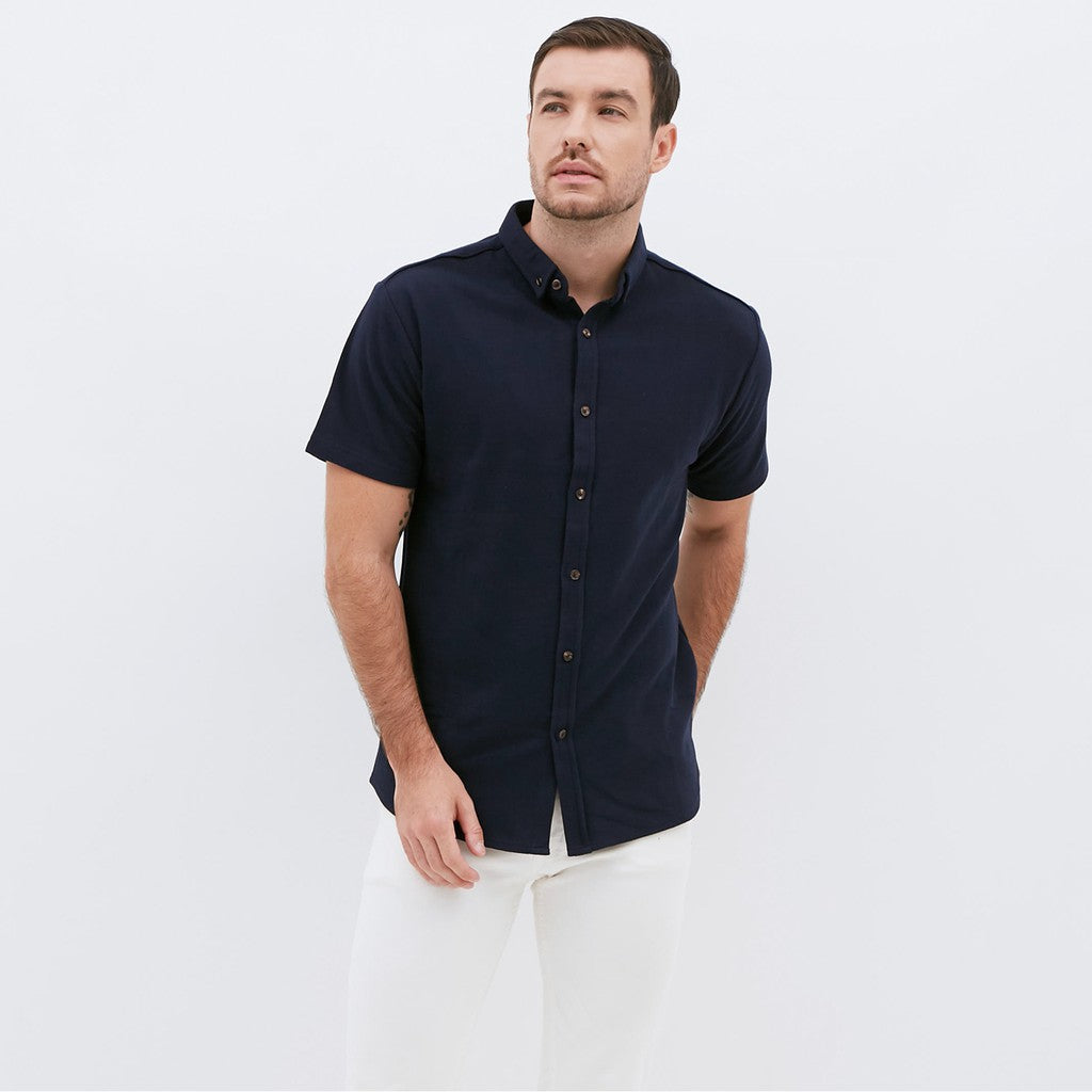 M231 Kemeja Pria Cotton Pique Pendek Warna Navy 1793E