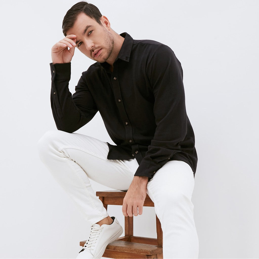 M231 Kemeja Pria Cotton Pique Panjang Warna Hitam 1792A