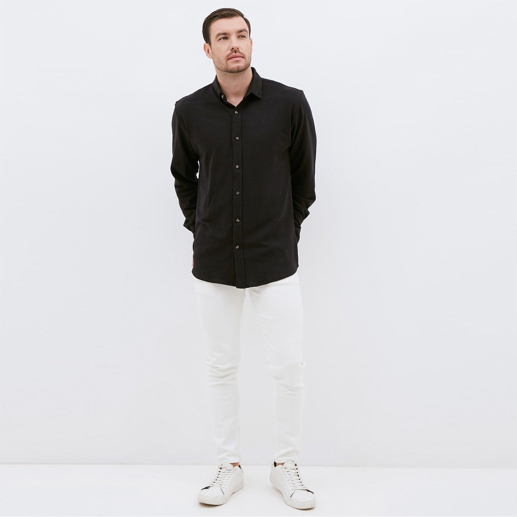 M231 Kemeja Pria Cotton Pique Panjang Warna Hitam 1792A