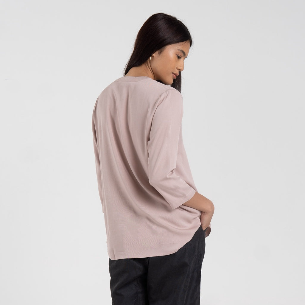 M231 Kemeja Wanita V Button Neck Panjang Dusty Pink 2455A