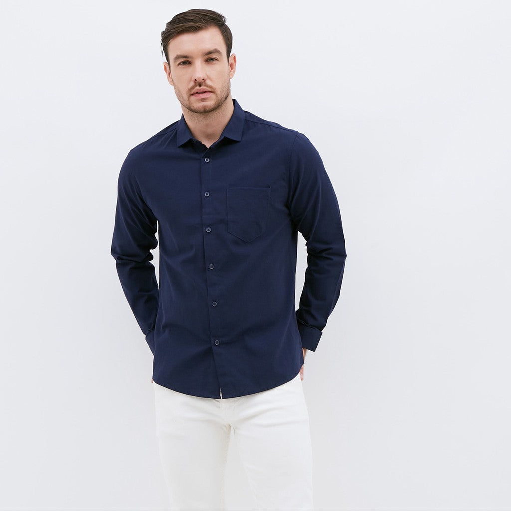 M231 Kemeja Pria Basic Polos Oxford Panjang Warna Navy 1456H