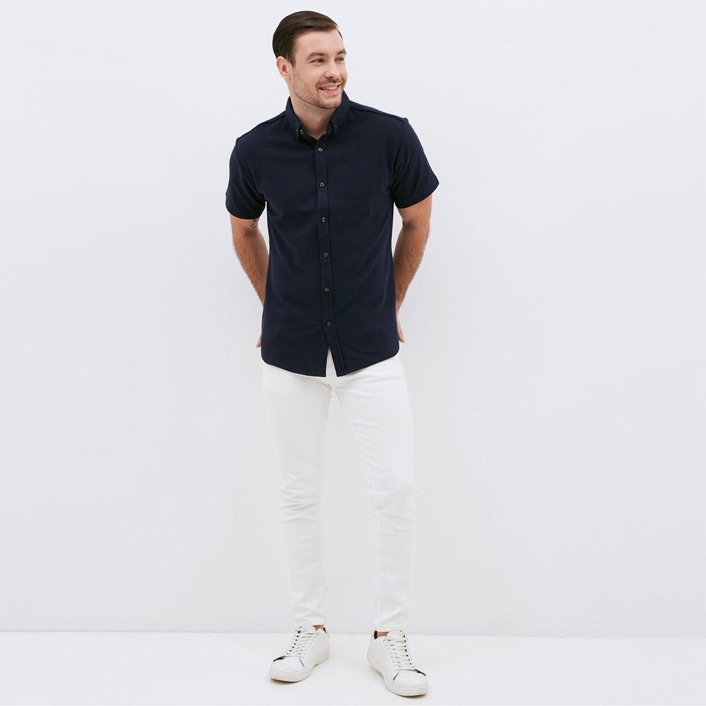 M231 Kemeja Pria Cotton Pique Pendek Warna Navy 1793E