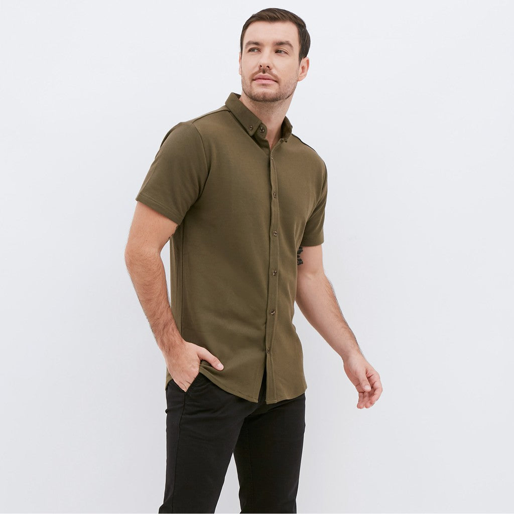 M231 Kemeja Pria Cotton Pique Pendek Warna Army 1793F