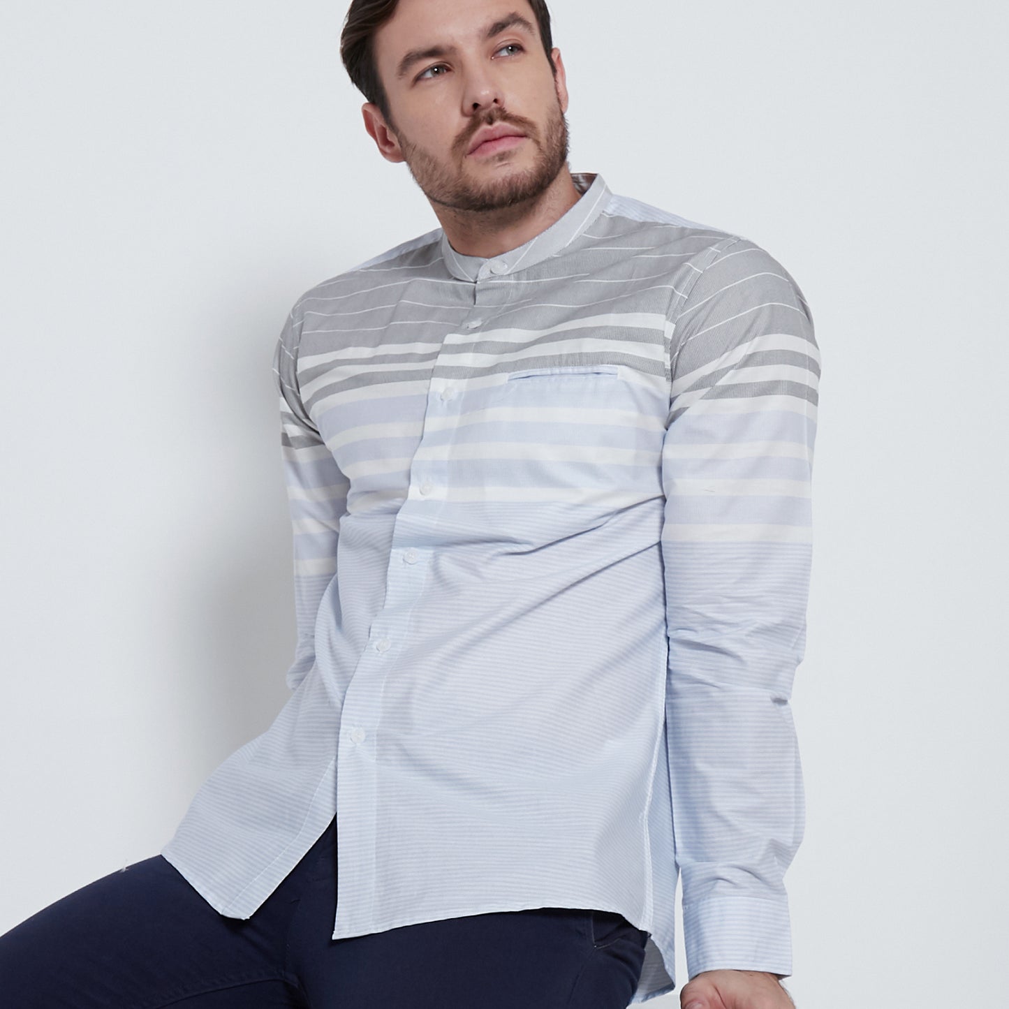 M231 Kemeja Pria Shanghai Salur Stripe Panjang Warna Biru Muda 1712A