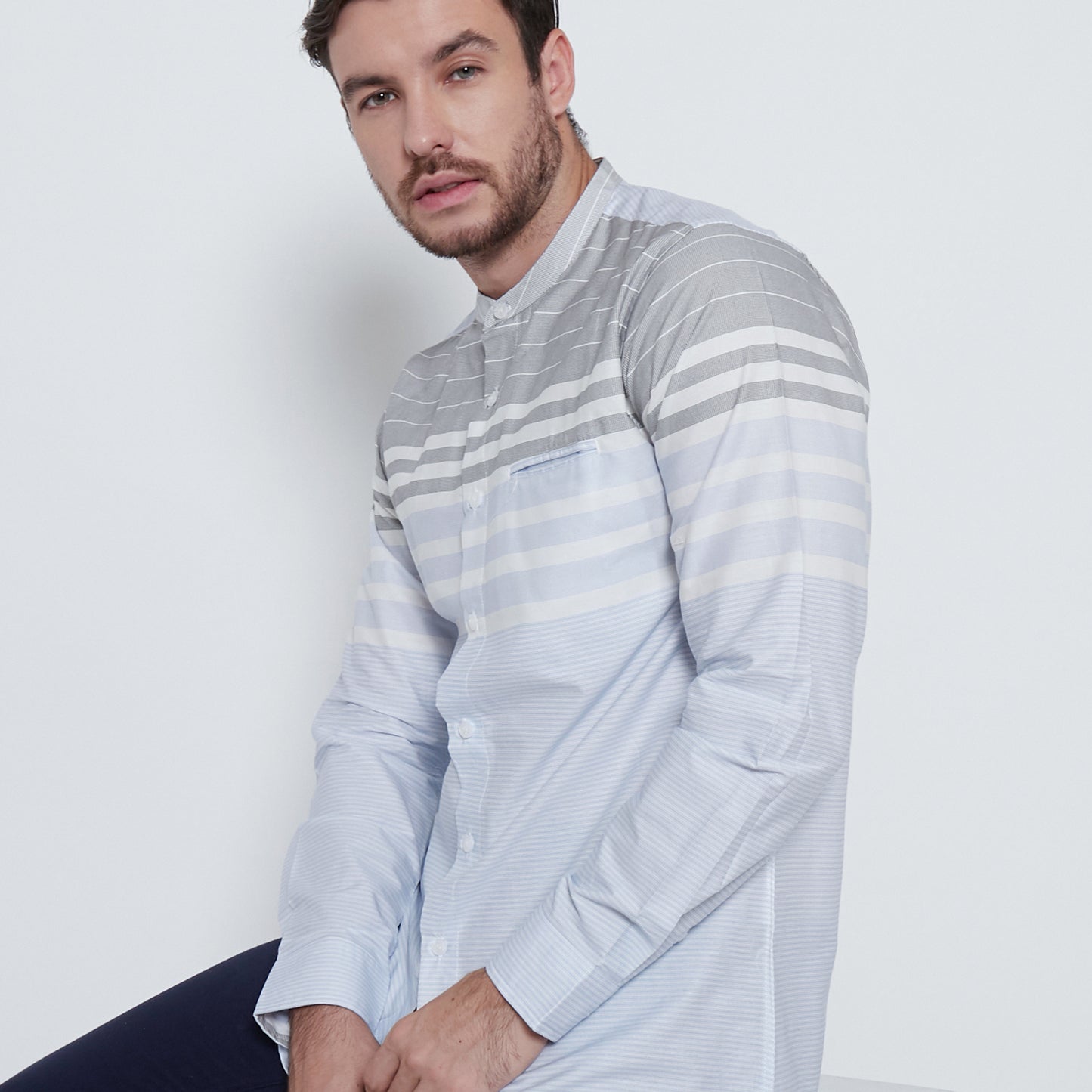 M231 Kemeja Pria Shanghai Salur Stripe Panjang Warna Biru Muda 1712A