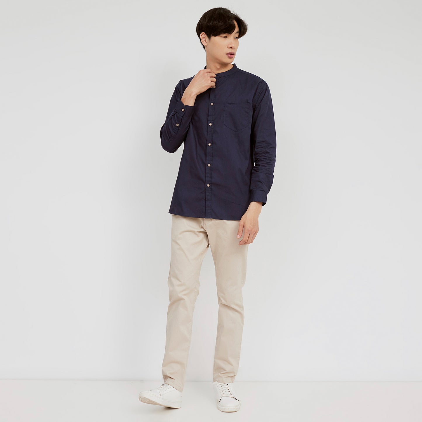 M231 Kemeja Pria Shanghai Polos Oversized Panjang Warna Navy 1985D