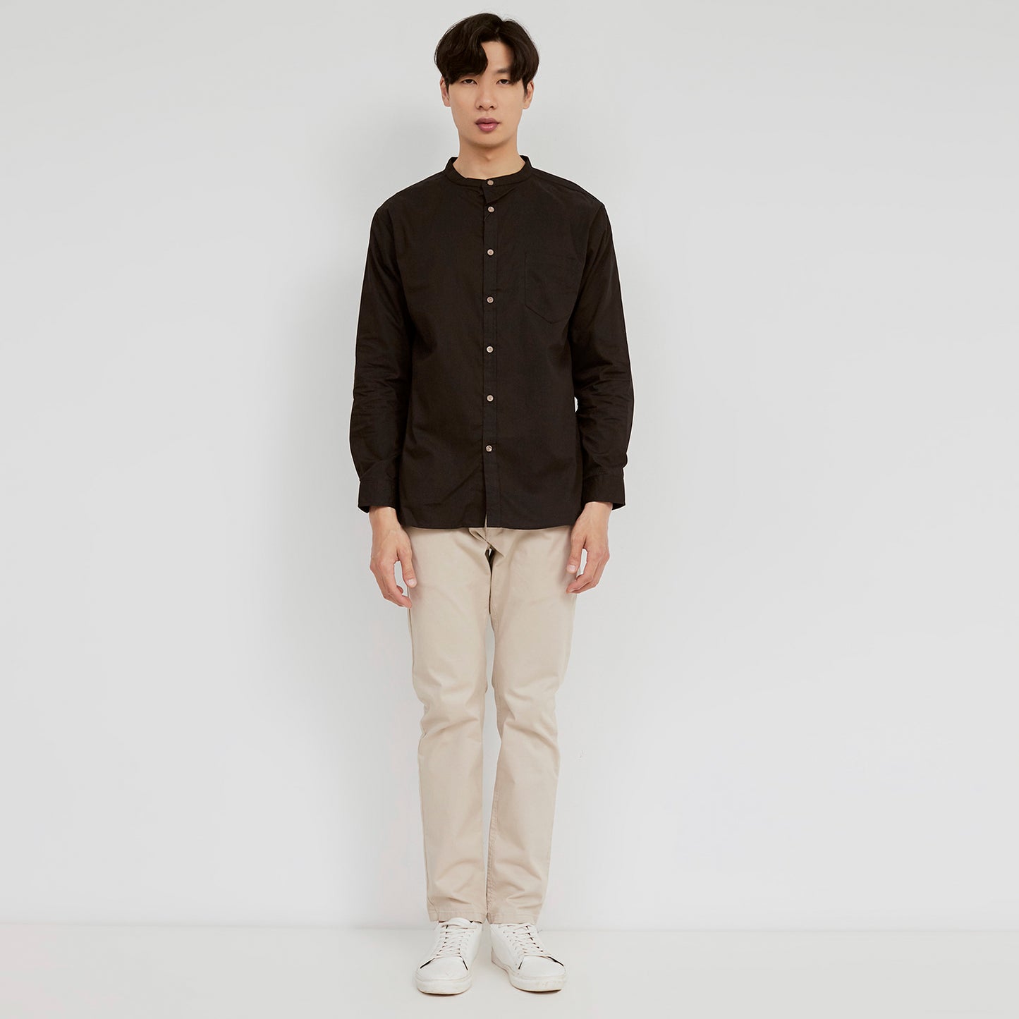 M231 Kemeja Pria Shanghai Polos Oversized Panjang Warna Hitam 1985E