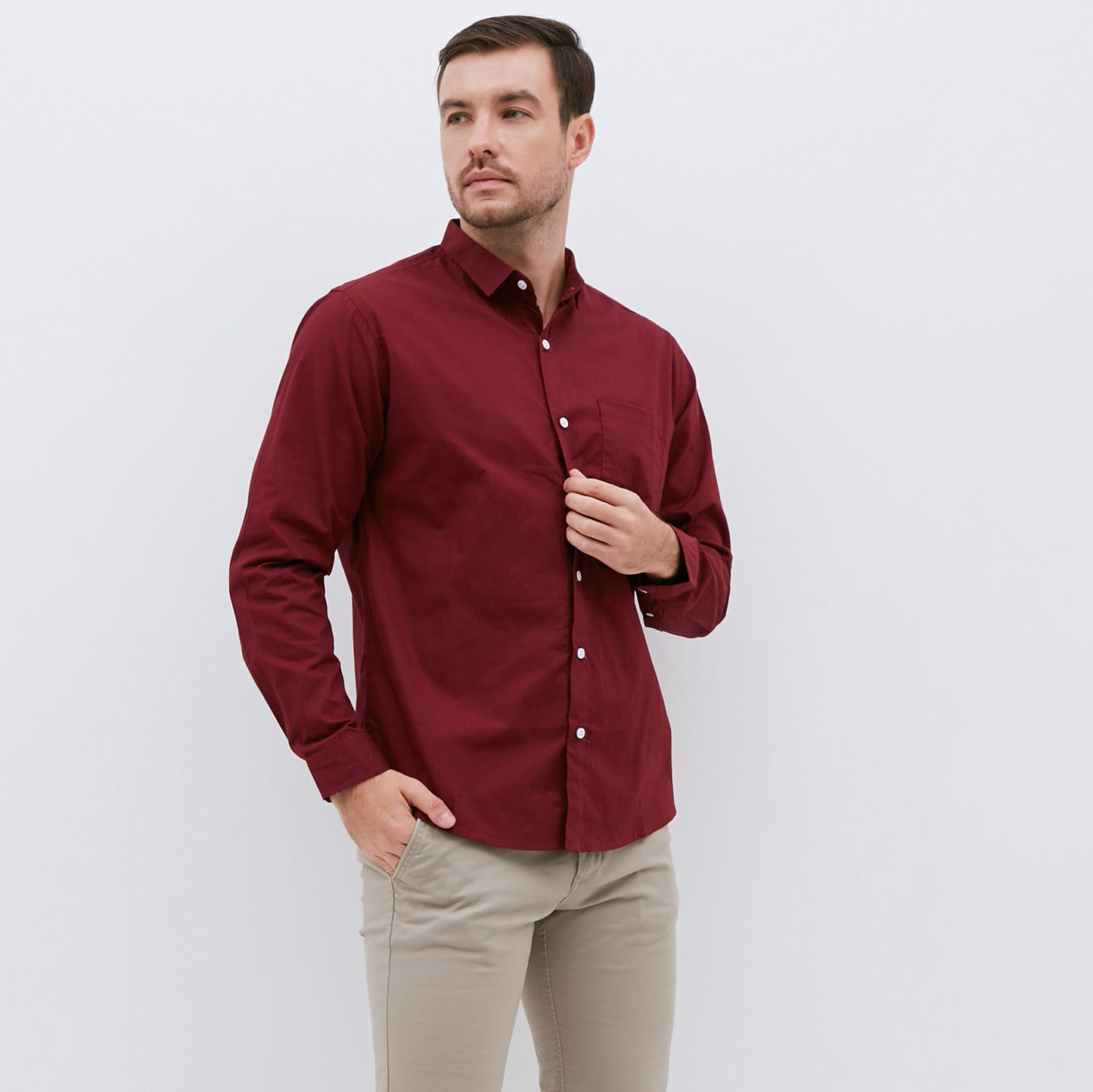 M231 Kemeja Pria Basic Polos Oxford Panjang Warna Maroon 1468B