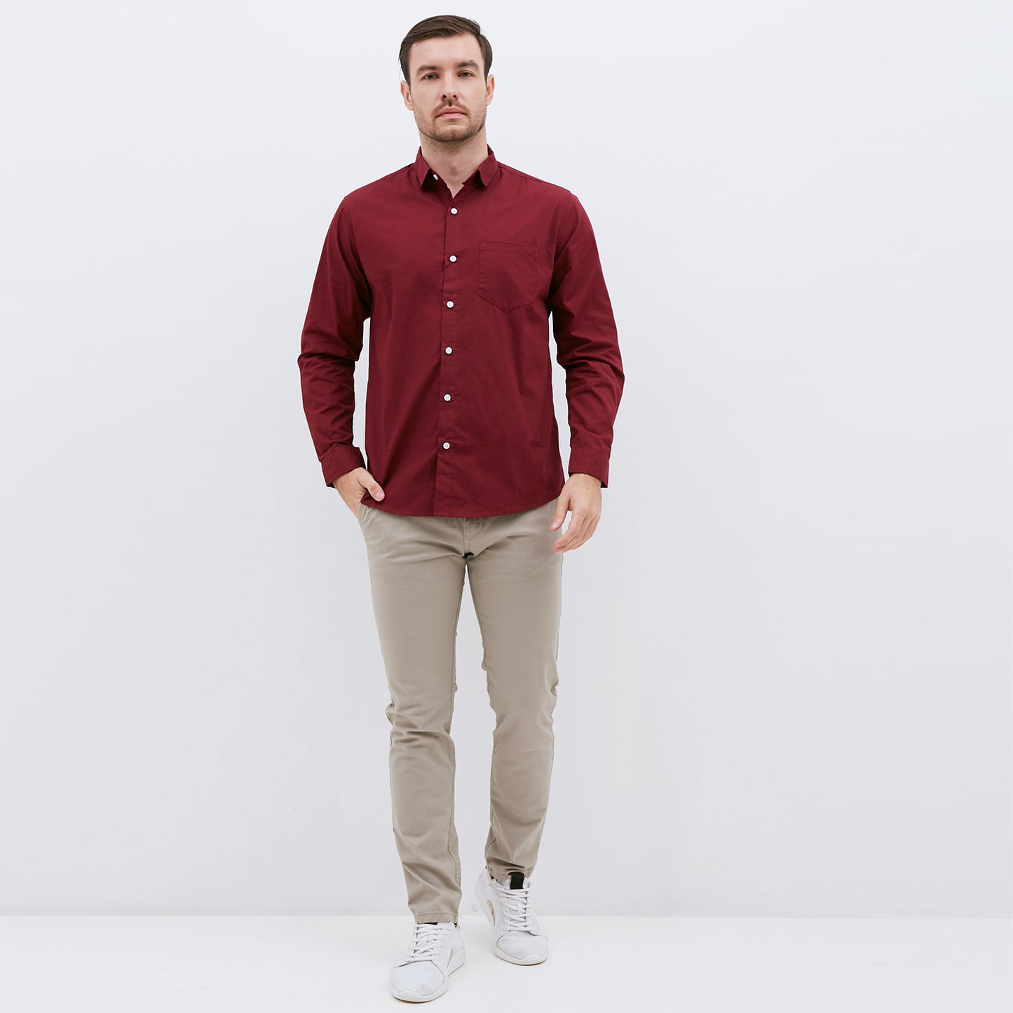 M231 Kemeja Pria Basic Polos Oxford Panjang Warna Maroon 1468B