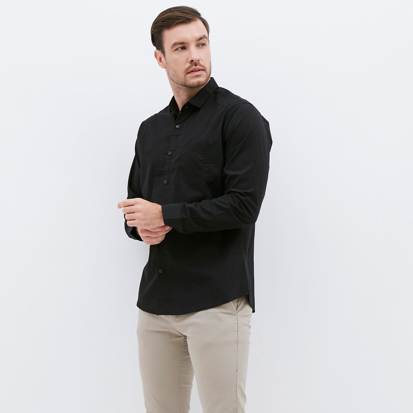 M231 Kemeja Pria Basic Polos Oxford Panjang Warna Hitam 1468D