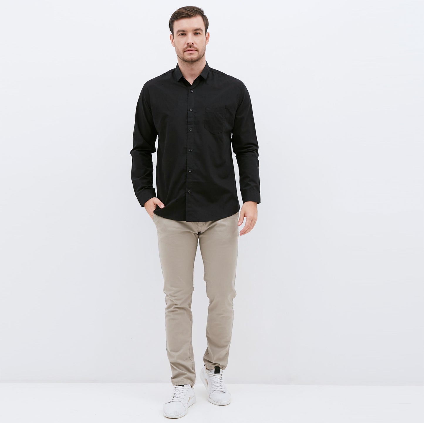M231 Kemeja Pria Basic Polos Oxford Panjang Warna Hitam 1468D