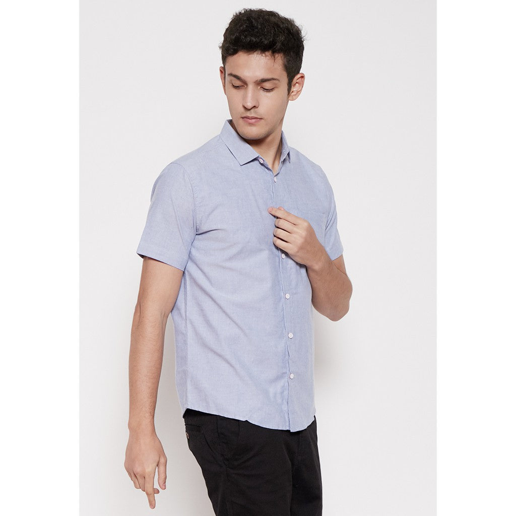 M231 Kemeja Pria Basic Polos Oxford Pendek Warna Biru 1457I