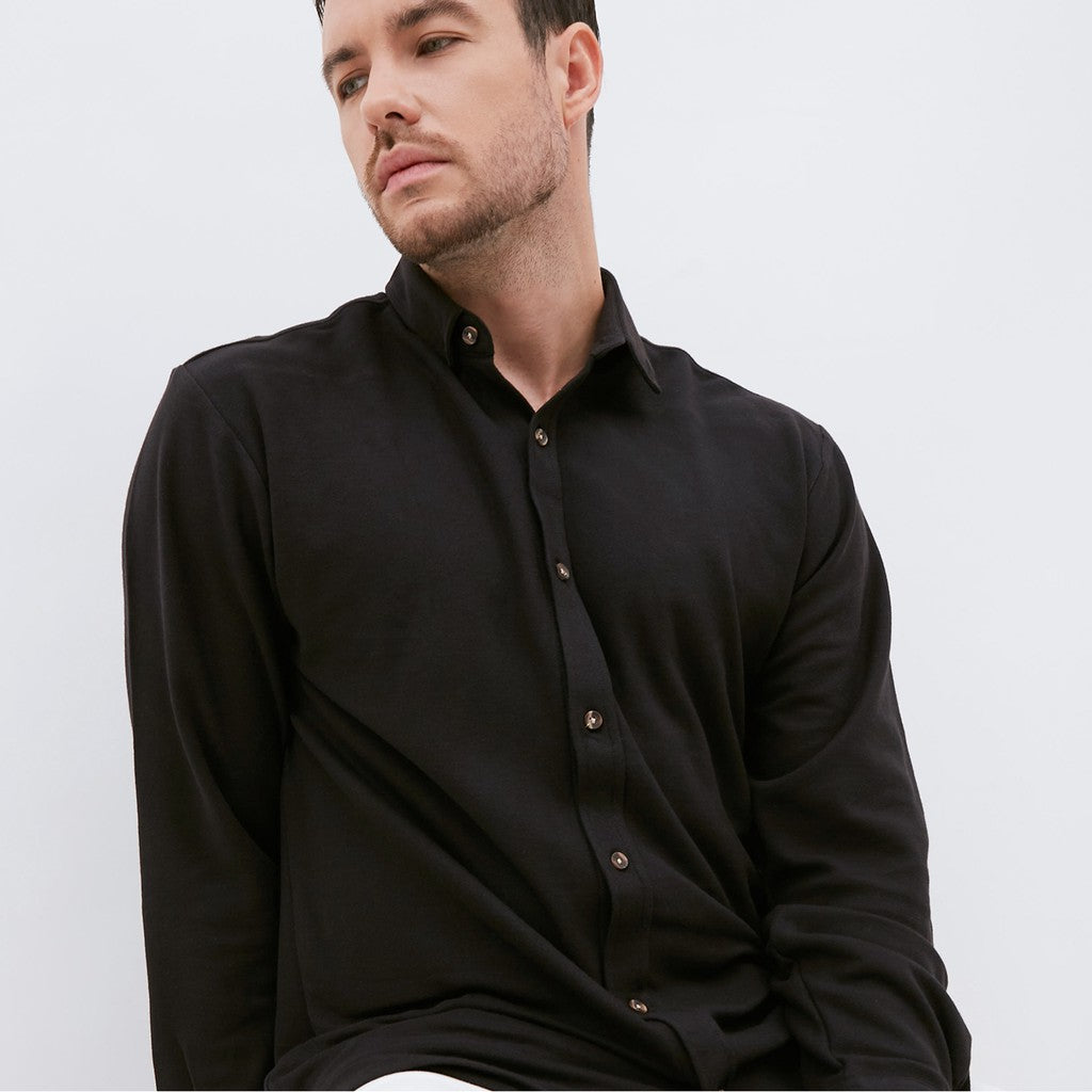 M231 Kemeja Pria Cotton Pique Panjang Warna Hitam 1792A