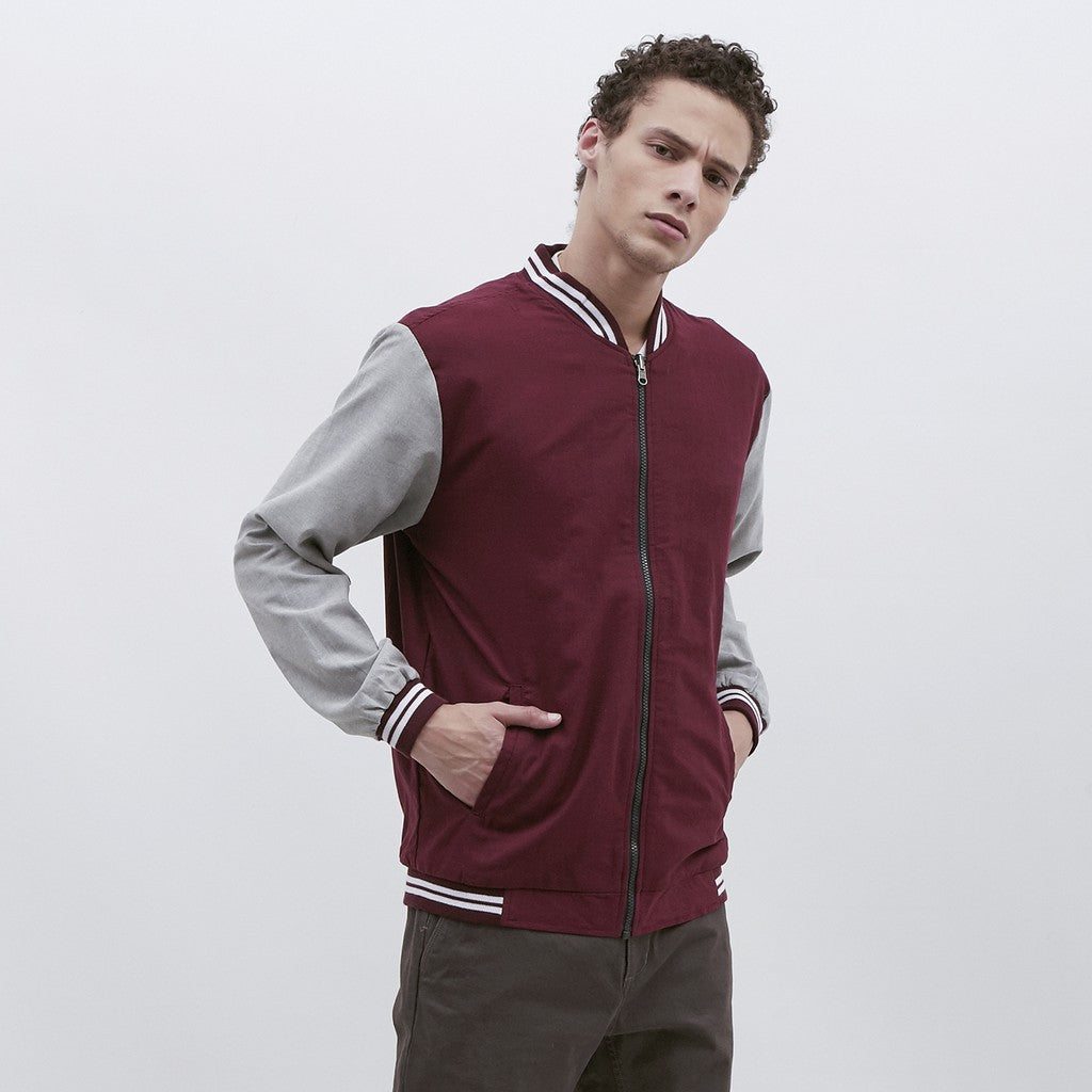 M231 Jaket Pria Bomber Oxford Panjang Warna Maroon 1801A