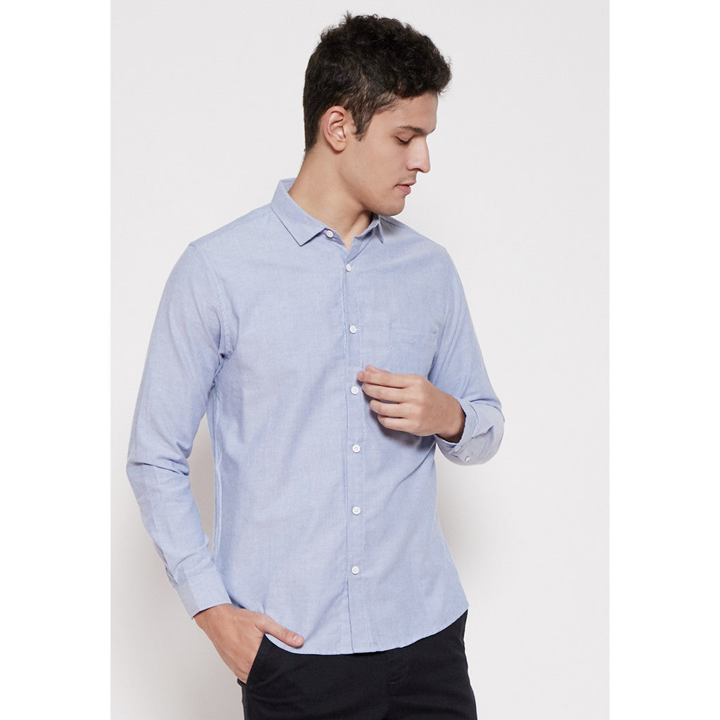 M231 Kemeja Pria Basic Polos Oxford Panjang Warna Biru 1456G