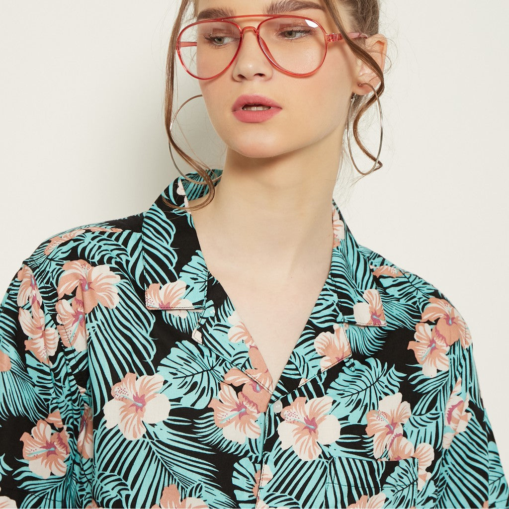 M231 Kemeja Pria Printing Hawaii Pendek Warna Hitam Tosca 0548B