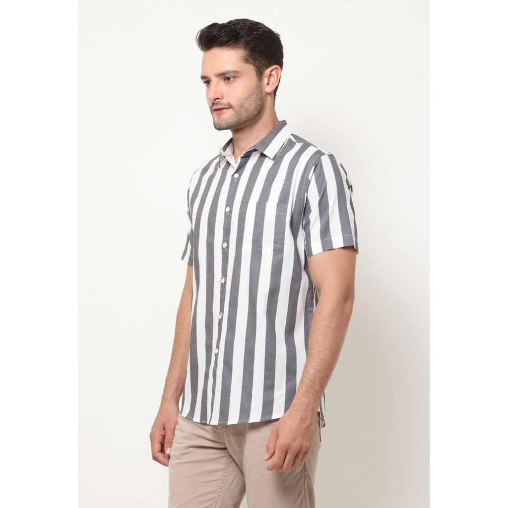 M231 Kemeja Pria Salur Stripe Pendek Warna Abu 1638