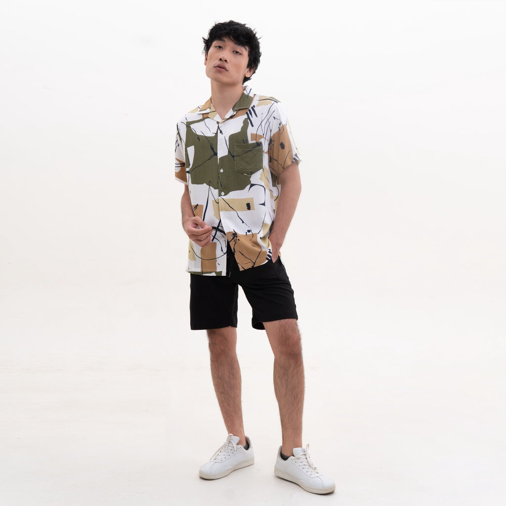 M231 Kemeja Pria Printing Hawaii Pendek Navy 2211B