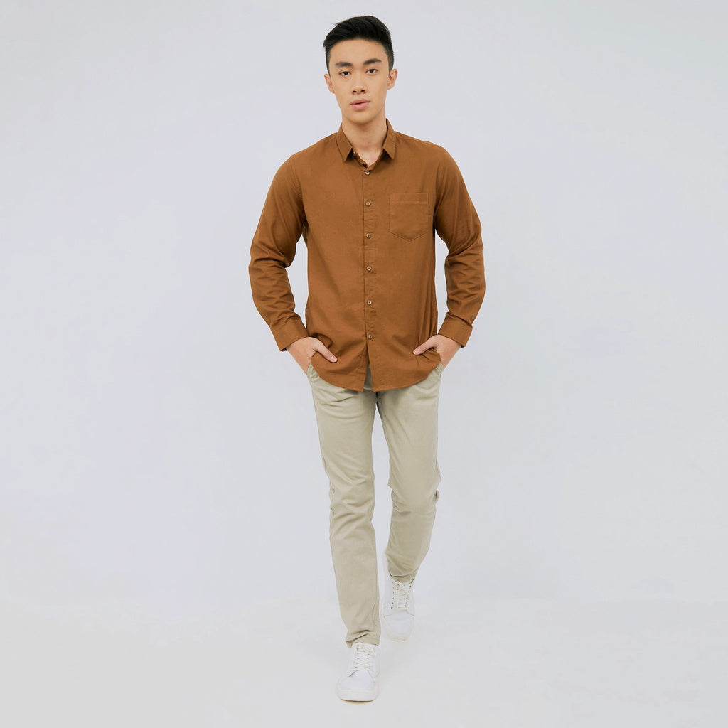 M231 Kemeja Pria Basic Polos Oxford Panjang Coklat 1456R
