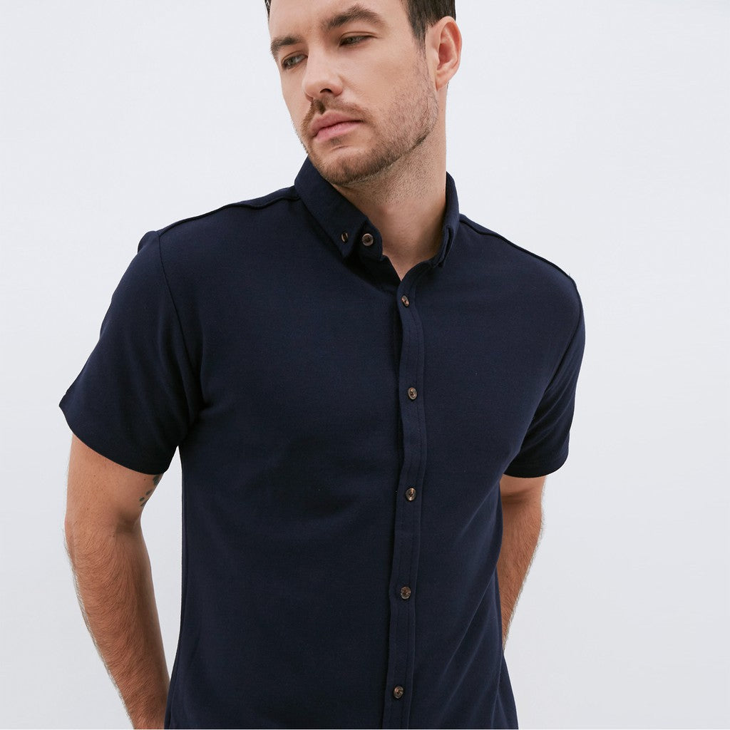 M231 Kemeja Pria Cotton Pique Pendek Warna Navy 1793E