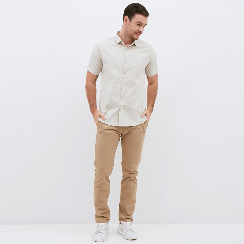 M231 Kemeja Pria Basic Polos Oxford Pendek Warna Khaki 1457B