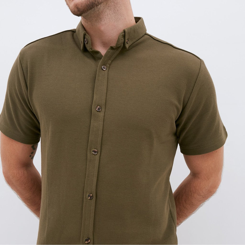 M231 Kemeja Pria Cotton Pique Pendek Warna Army 1793F