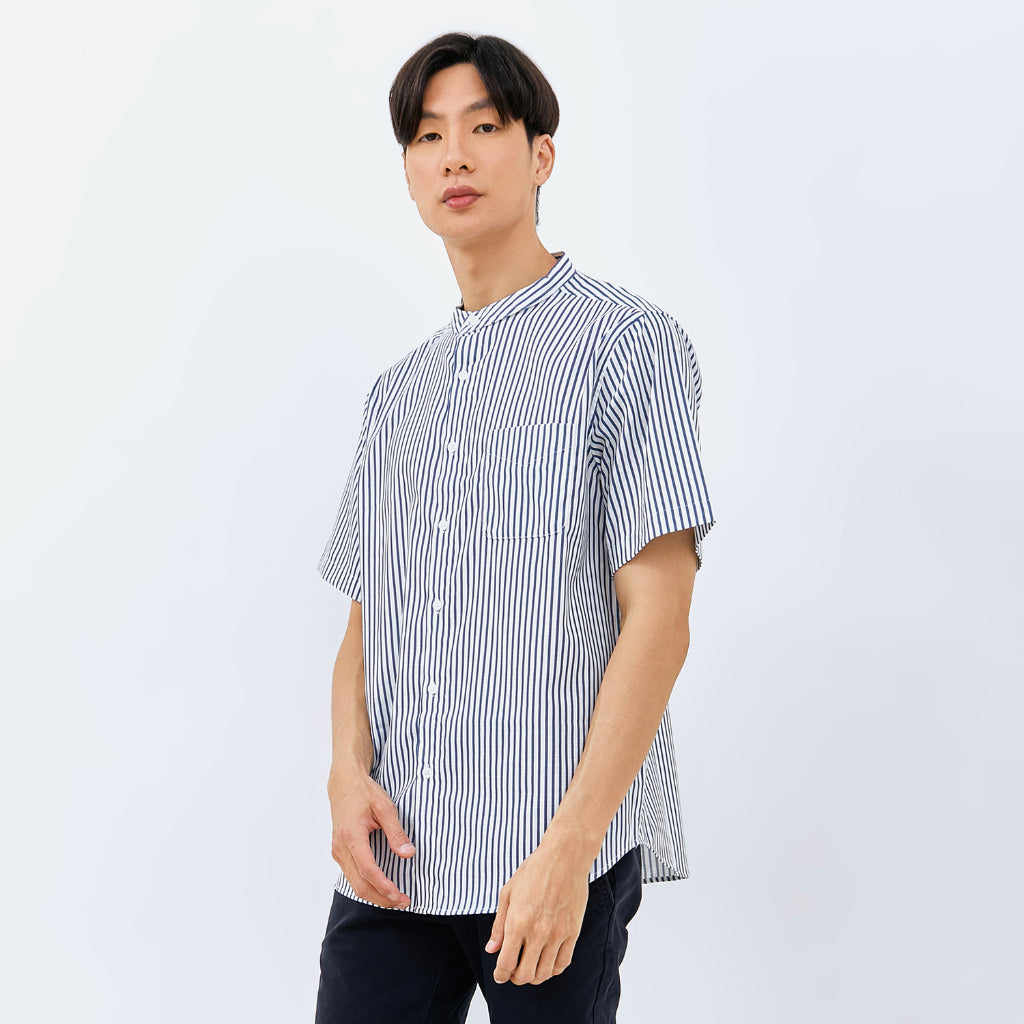 M231 Kemeja Pria Shanghai Stripe Pendek Biru 0087