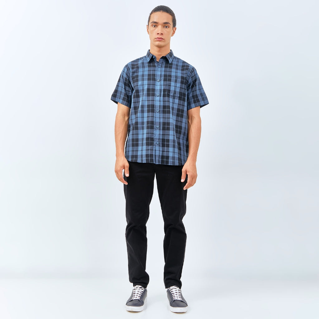 M231 Kemeja Pria Yarn Dyed Kotak Pendek Biru 0176