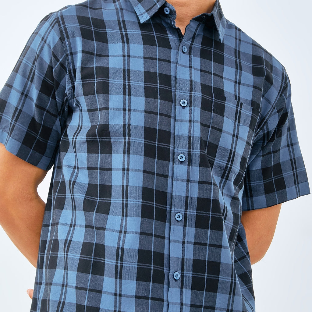 M231 Kemeja Pria Yarn Dyed Kotak Pendek Biru 0176