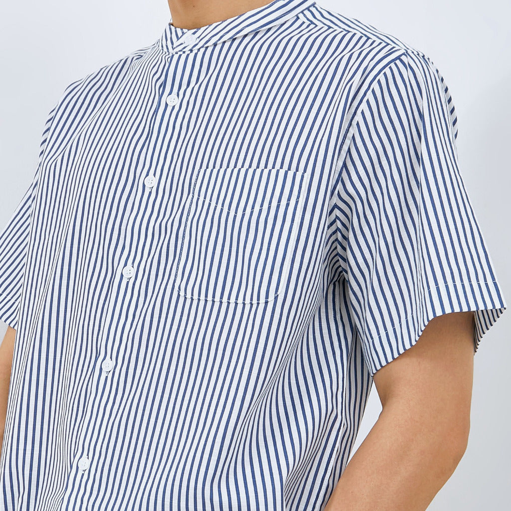 M231 Kemeja Pria Shanghai Stripe Pendek Biru 0087