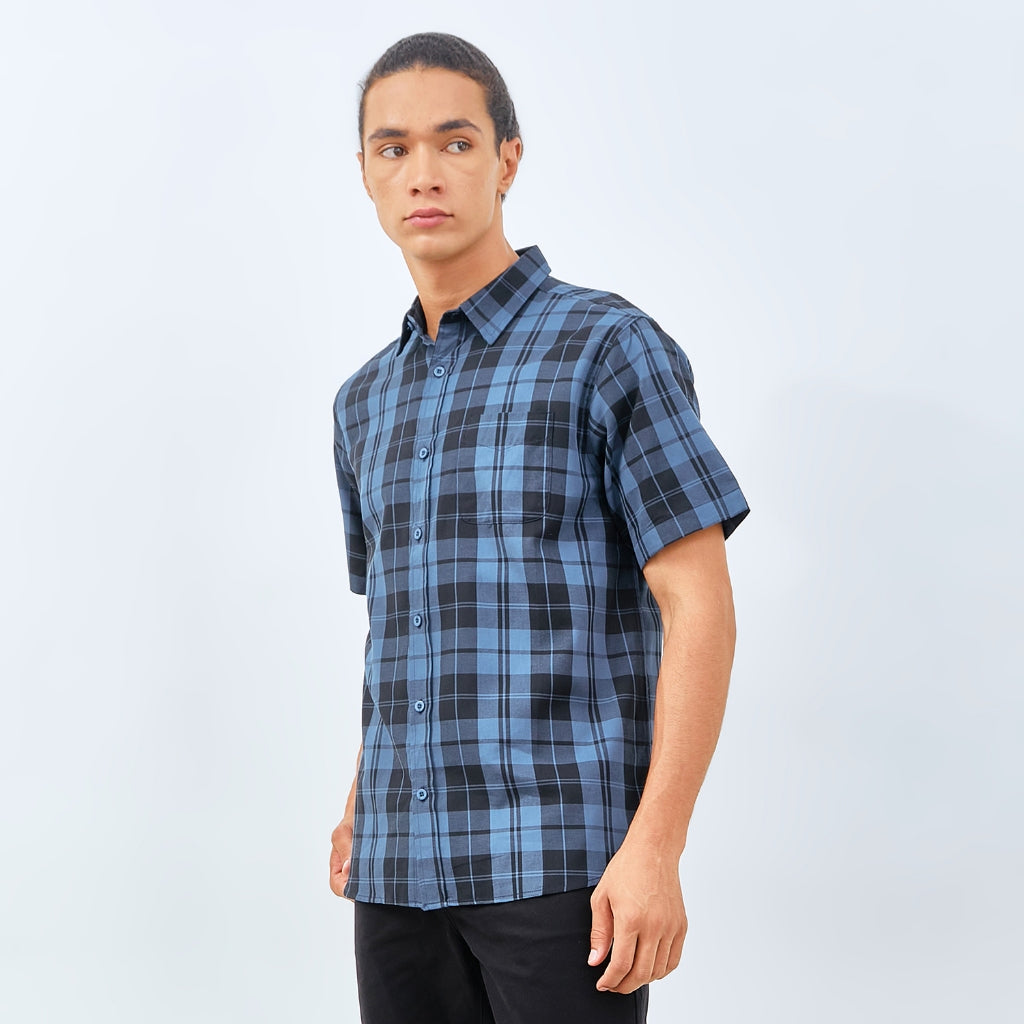 M231 Kemeja Pria Yarn Dyed Kotak Pendek Biru 0176